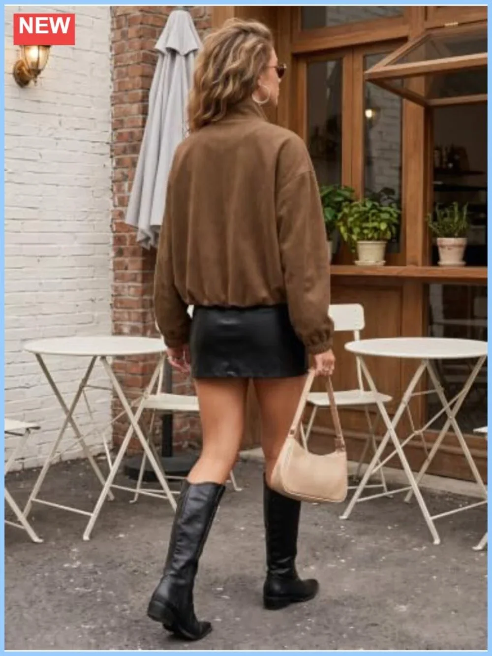 Faux Suede Bomber Jacket Oversized Cropped Long Sleeve Zip Up